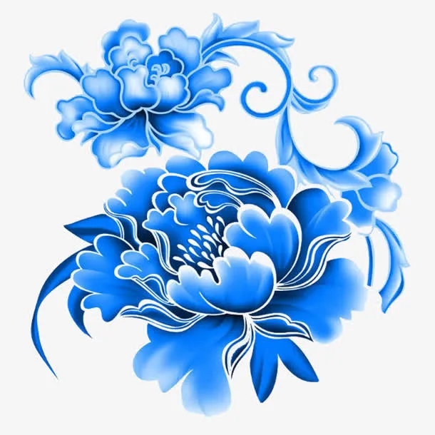 两个蓝色手绘花朵免抠