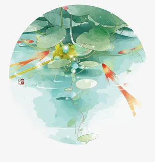 矢量水彩中国风池塘免抠