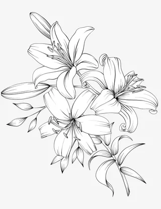 手绘花线描黑白免抠