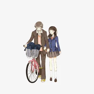 害羞的男女学生情侣骑单车免抠