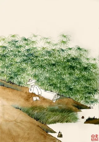 水墨画河岸边读书的人海报背景