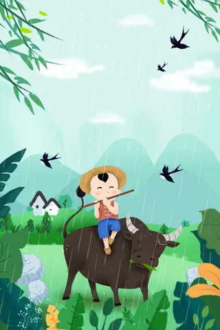 手绘燕子春天植物牧童吹笛背景图高清