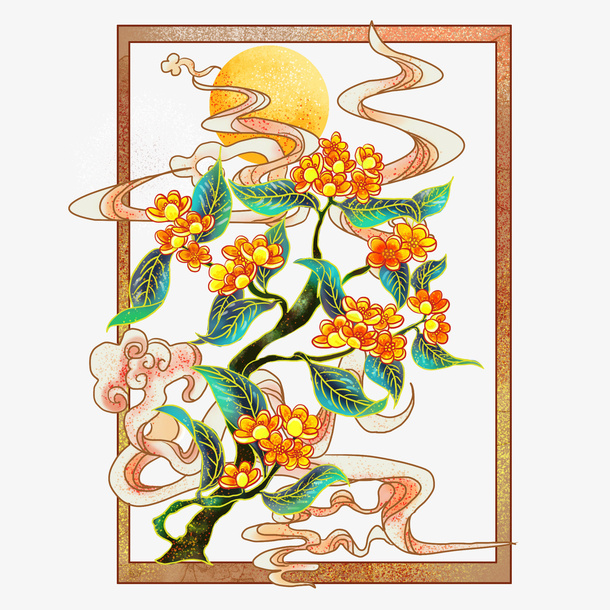 国潮桂花植物边框月桂飘香免抠
