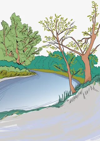 手绘野外小河风景免抠