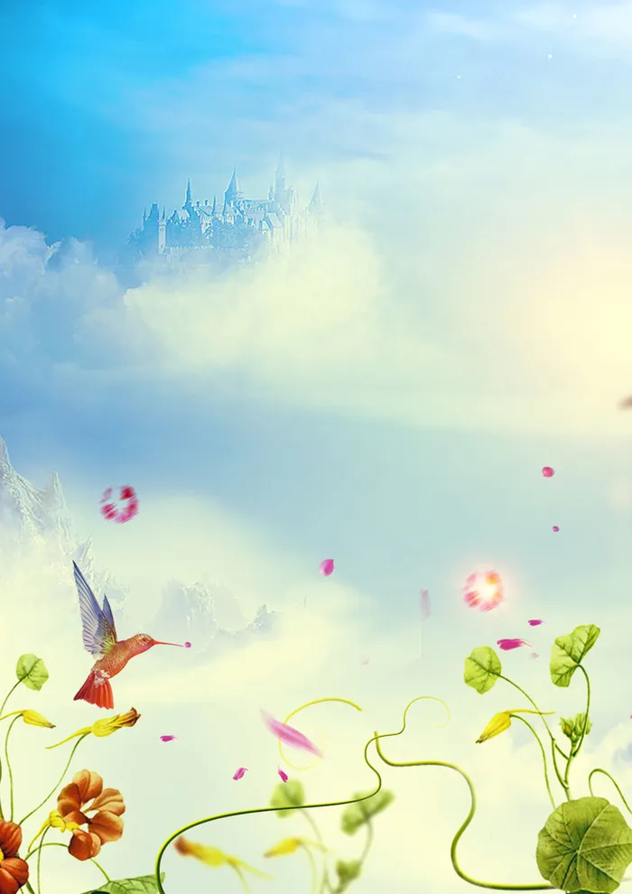 梦幻蜂鸟牵牛花天空城堡化妆品广告背景高清