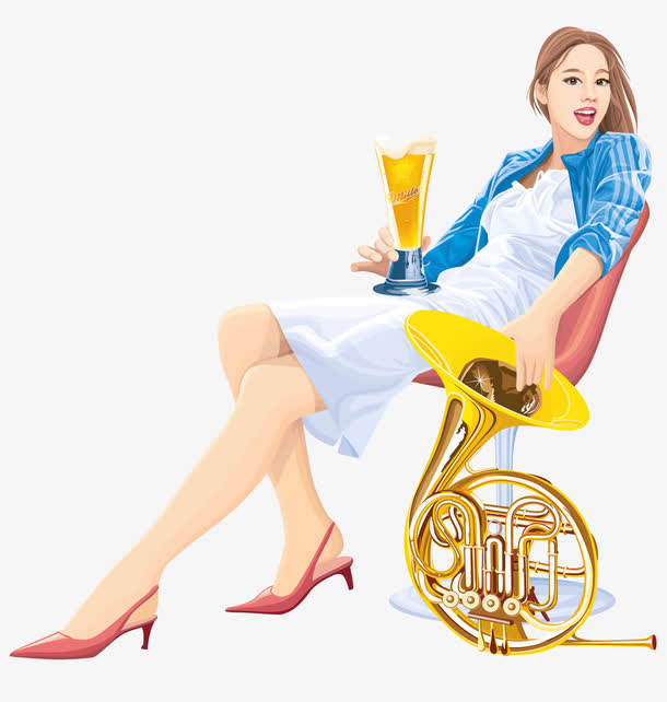 拿着酒杯听音乐的美女免抠