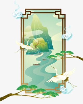 中国风山水仙鹤云纹插画免抠