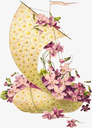 古典手绘鲜花帆船免抠