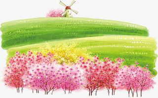 春季粉红色树林草地免抠