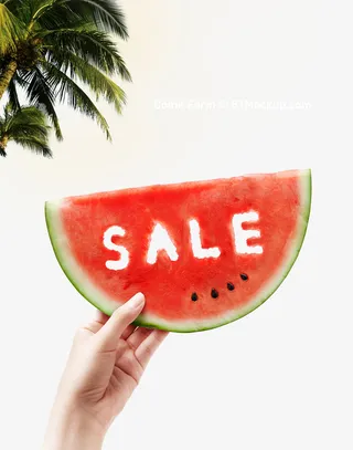 手拿西瓜镂空字体绿植夏凉节免抠