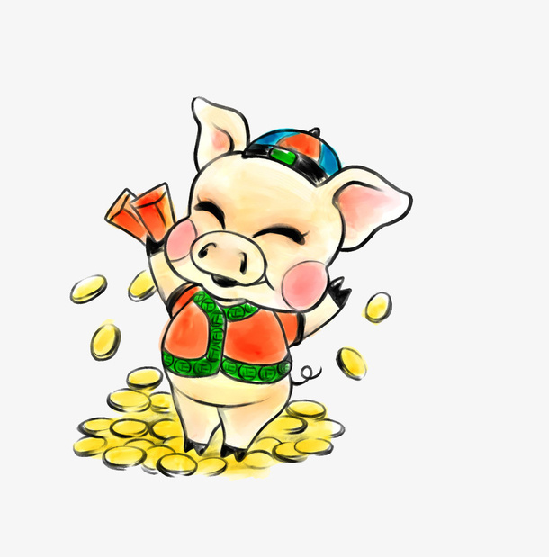 抛洒金币的卡通小猪免抠