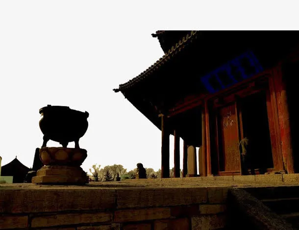 夕阳下的大殿和古缸免抠