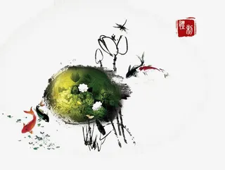 水墨画绿色池塘免抠