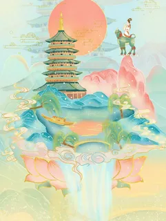 国潮手绘敦煌建筑高清 国潮手绘敦煌建筑高清