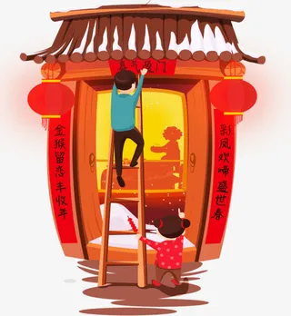 春节贴春联的男人免抠