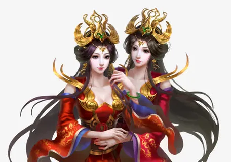 手绘游戏人物双胞胎美女免抠