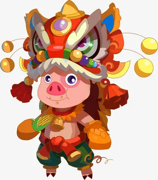 新年舞狮子卡通猪免抠