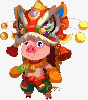 新年舞狮子卡通猪免抠 新年舞狮子卡通猪免抠