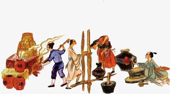 矢量手绘古典酿酒过程免抠