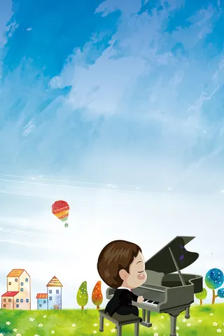 蓝色手绘开学季幼儿园招生弹钢琴的小朋友背景高清