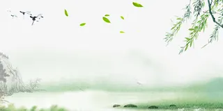 郊外柳树飞鸟湖边风景水墨画免抠