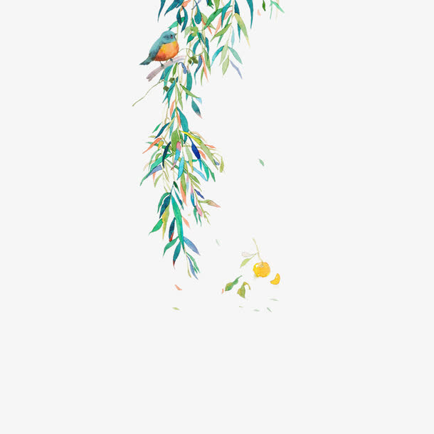 手绘竹叶小鸟免抠
