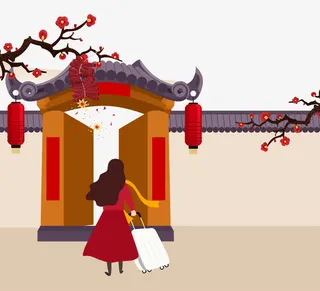 免抠新年回家的人物复古建筑免抠