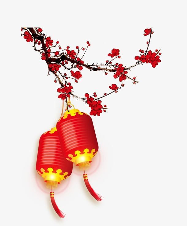 手绘中国风腊梅和灯笼免抠