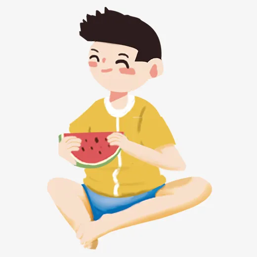 彩色创意男孩吃西瓜元素免抠