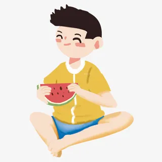 彩色创意男孩吃西瓜元素免抠