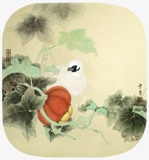 手绘扇面乌鸡南瓜免抠
