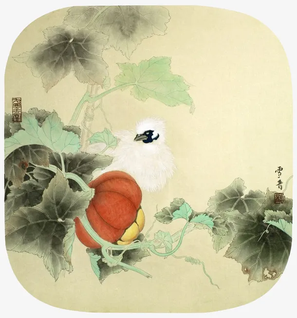手绘扇面乌鸡南瓜免抠