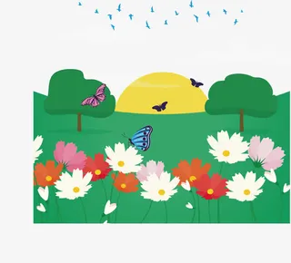绿色乡村春季踏青花朵蝴蝶素材免抠