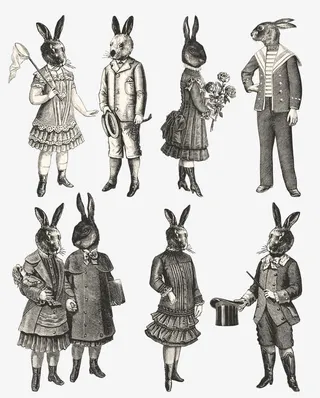 欧美复古怪诞兔人插画素材矢量免抠