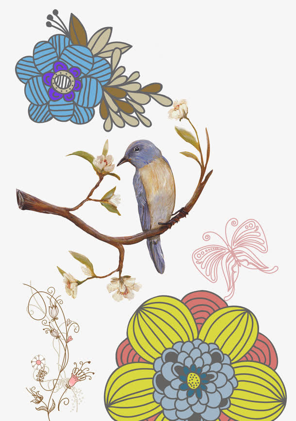 蓝色花和鸟免抠