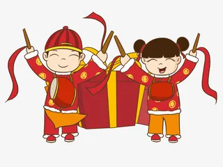 卡通新年敲鼓福娃素材免抠