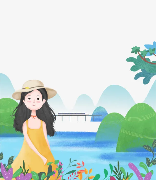 卡通手绘旅行的少女插画免抠