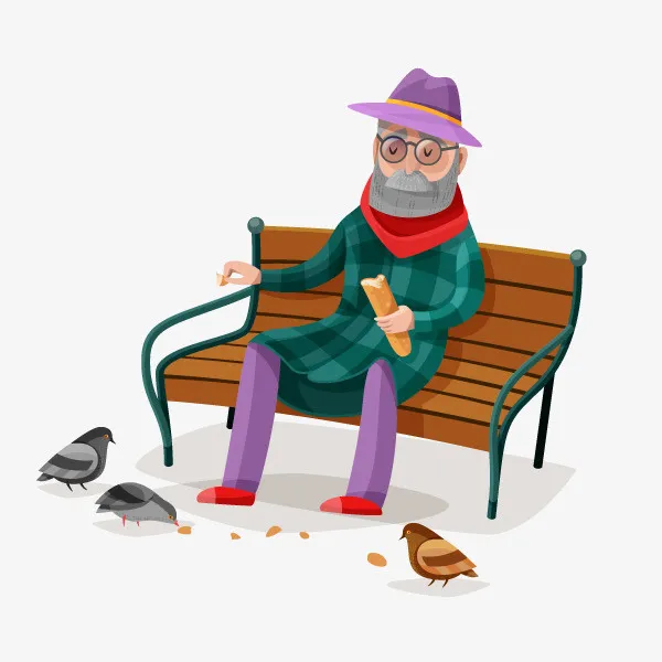 手绘卡通坐在长椅上的老人用面包免抠