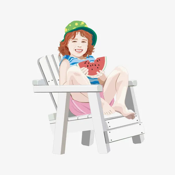矢量坐姿吃西瓜时尚儿童免抠