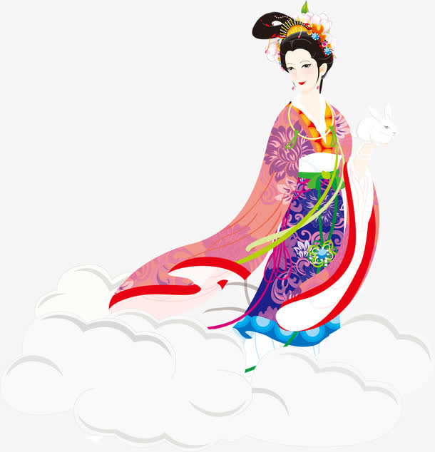 中国画抱玉兔的嫦娥中秋免抠