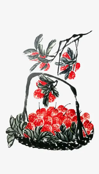 荔枝树下的荔枝篮国画免抠