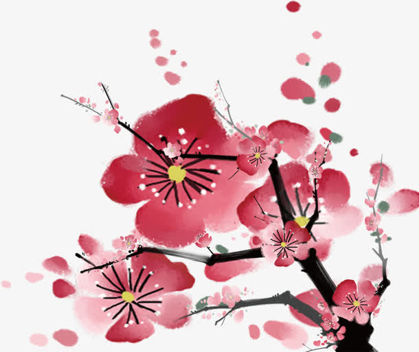 中国风红梅树枝免抠