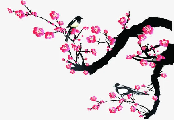 水墨画粉色梅花七夕免抠