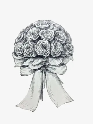 花束黑白素描作品免抠