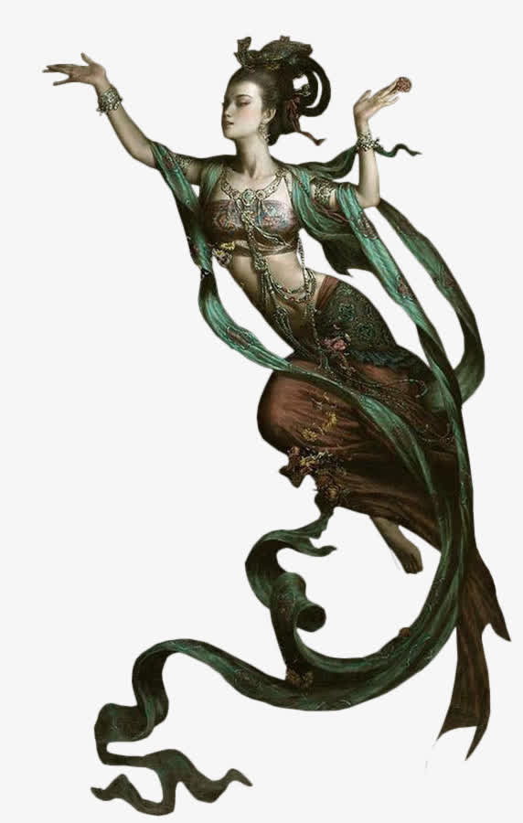 绿衣长袖善舞飞天仙女免抠