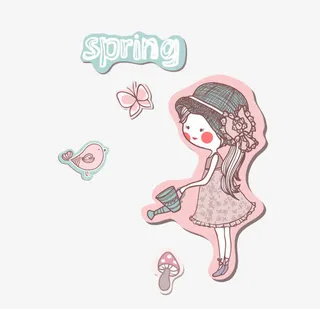 卡通手绘小姑娘浇花免抠