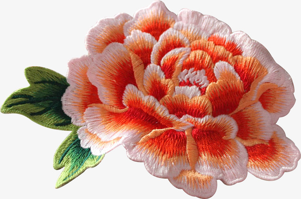 橙色刺绣牡丹花免抠