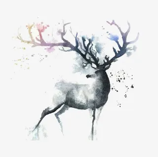 手绘水墨画大角鹿免抠