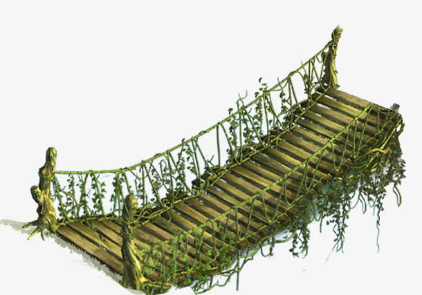 手绘长满青苔的吊桥免抠