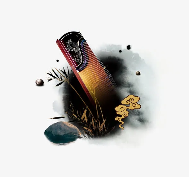 水墨古琴创意画免抠